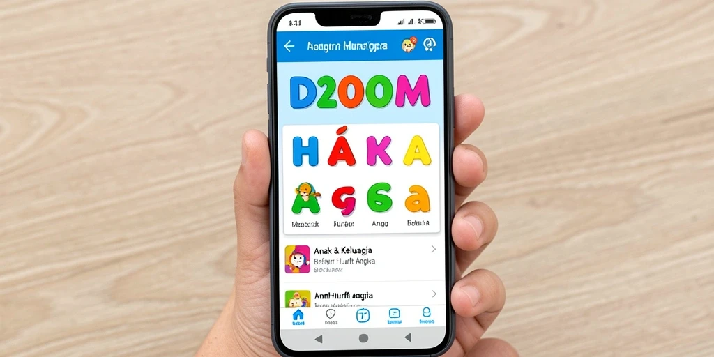 Tampilan antarmuka D200M yang ceria dan interaktif untuk belajar huruf dan angka.