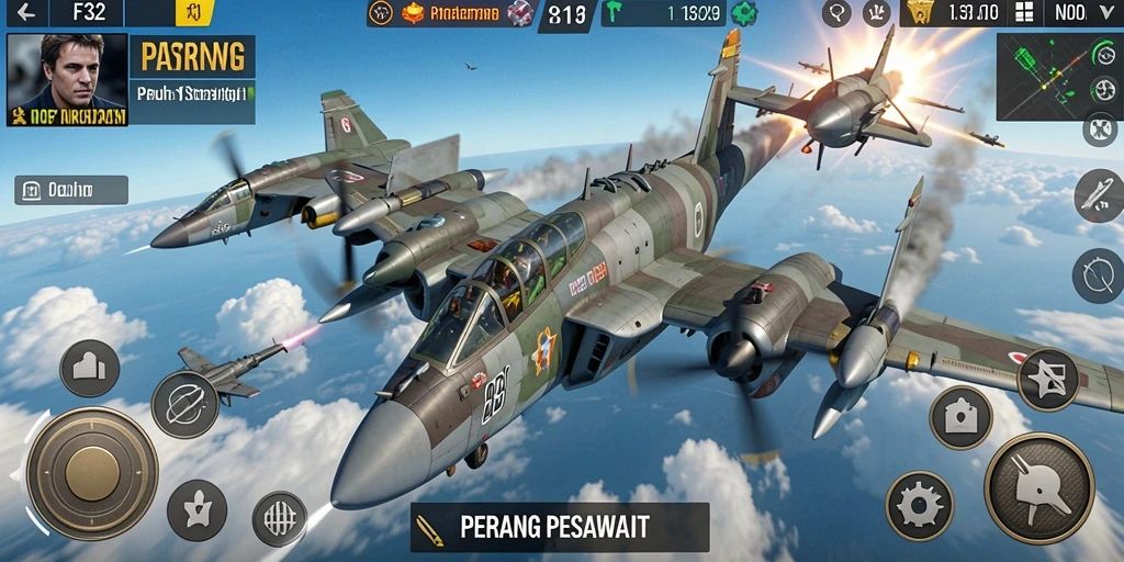 Screenshot menunjukkan pertarungan seru di langit dalam F32.
