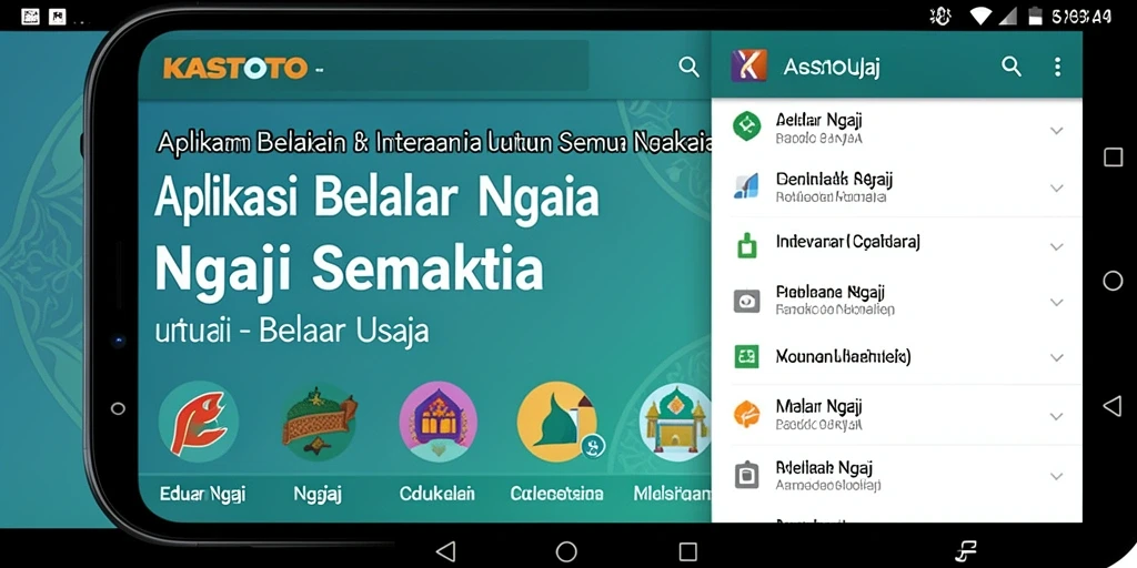 Screenshot KASTOTO menampilkan antarmuka aplikasi Belajar Ngaji yang menarik.